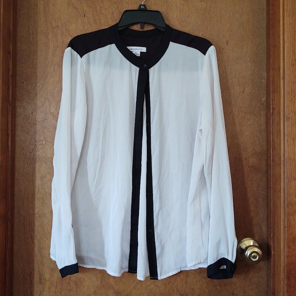 LIZ CLAIBORNE SIZE XL WOMENS SHEER MARSHMALLOW BUTTON DOWN BLOUSE BLACK TRIM